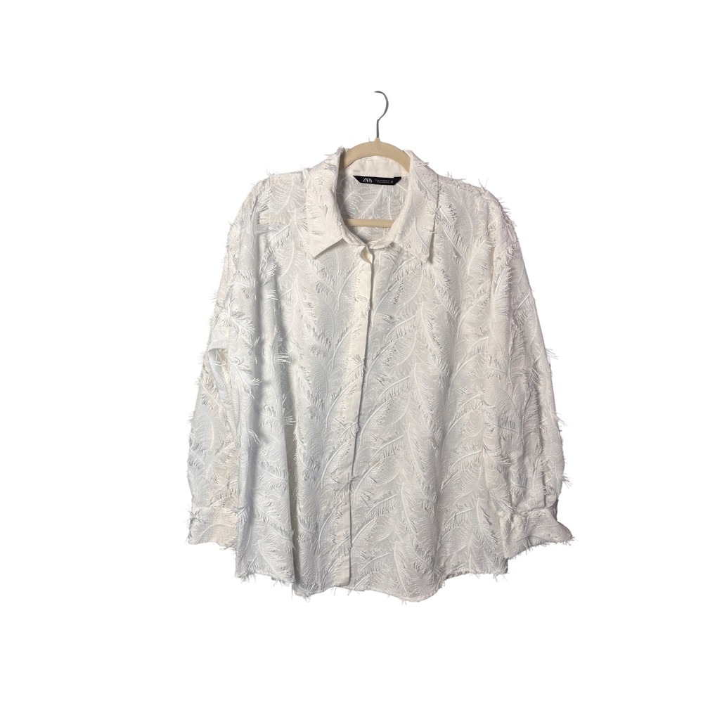 Zara Womens Button Up Shirt XL White Feather Eyelash Fringe Boho Ethereal Bridal